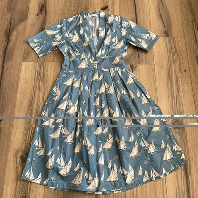 Seasalt Cornwall 船右连衣裙 10 码棉质合身喇叭蓝色帆船 — 第 1/4 张图片