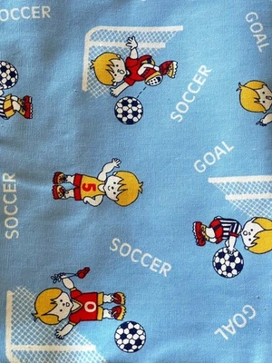 Vintage 1970s Blonde Soccer Boy Goal Soccer Ball Light Blue Fabric 85” X 44” - Image 1 of 4