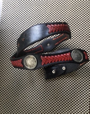 VNTG Leather Belt-Mens 34” MEXICO Stamped Silver Conchos BLACK w/RED BRAID - Image 1 of 4