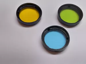 SET OF 3 THREE 30MM YELLOW GREEN & BLUE PUSH ON PLASTIC FILTERS -FREE SHIPPING - Picture 1 of 6