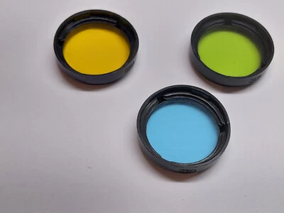 SET OF 3 THREE  30MM YELLOW GREEN & BLUE PUSH ON PLASTIC FILTERS -FREE SHIPPING - Image 1 of 4