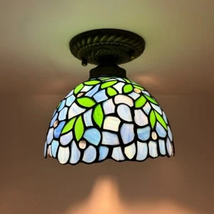 Tiffany Style Ceiling Blue Stained Glass Green Leaves LED Bulb 8"H*8"W*8"D - Picture 1 of 5