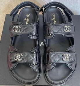 Size 36.5EU NEW CHANEL Black Quilted Caviar CC logo DAD sandals G34927 W/receipt - Picture 1 of 17