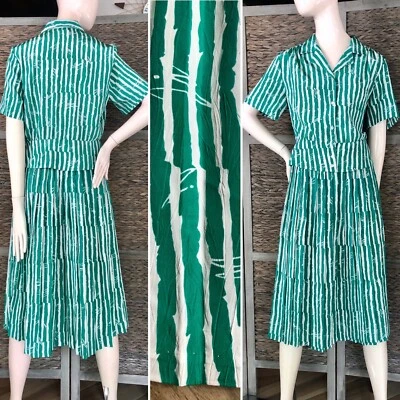 VTG RUSS 2-Pc Pleated Midi Skirt Suit Set Peplum Blouse Top Abstract Bamboo 10/M - Image 1 of 4