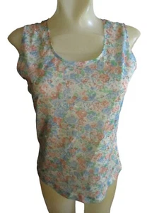 Vintage Women's Tank Top Medium 1970's Sheer Nylon Pink/Blue Flowers Stretch Med - Picture 1 of 7