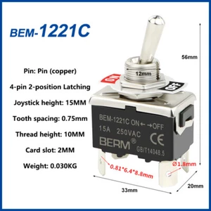 Zweipoliger Metall Kippschalter 15A 250Vac Auto Armaturenbrett Boot BEM-1221C - Bild 1 von 3