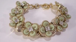 J.Crew Women's Brass Enamel Crystal Flower Link Bracelet NWOT 115 Green - Picture 1 of 7