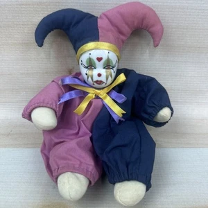 Muñeca payaso vintage cuerpo relleno de arena porcelana cara bufón pintado a mano algodón - Imagen 1 de 6