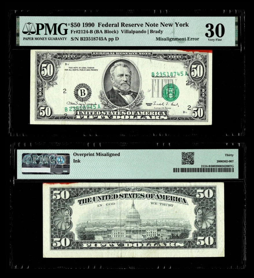 MISALIGMENT ERROR FR.#2124-B  1990 $50  FR Note, PMG VF 30 - Image 1 of 1