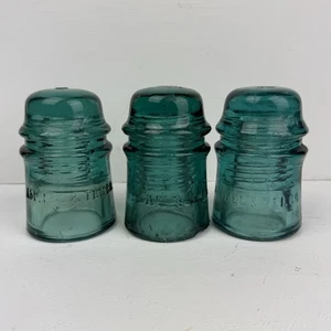 Vtg Teal Glass Telephone Insulators 3.75" Set of 3 Flat Top Railroad - Picture 1 of 23