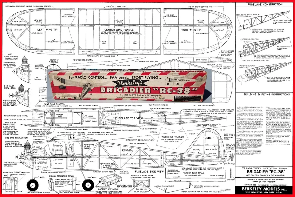 Berkeley Model Airplane Plans (FF): Brigadier "RC-38" 38" for .035-.099 engines - Image 1 of 1