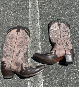 Coral Western Cowboy Boot Floral Brown Tan Sparkly Women’s Size 9.5 M - Picture 1 of 24