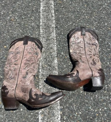 Coral Western Cowboy Boot Floral Brown Tan Sparkly Women’s Size 9.5 M - Image 1 of 4