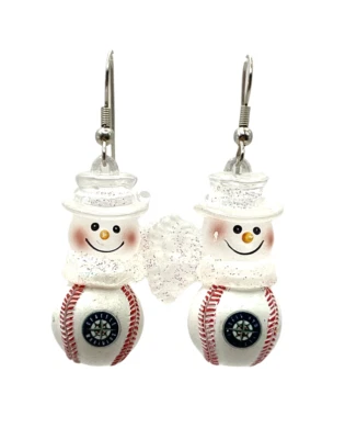 Seattle Mariners Acrylic Baseball Snowman Earrings Christmas Holiday 2" Glitter - Image 1 of 4