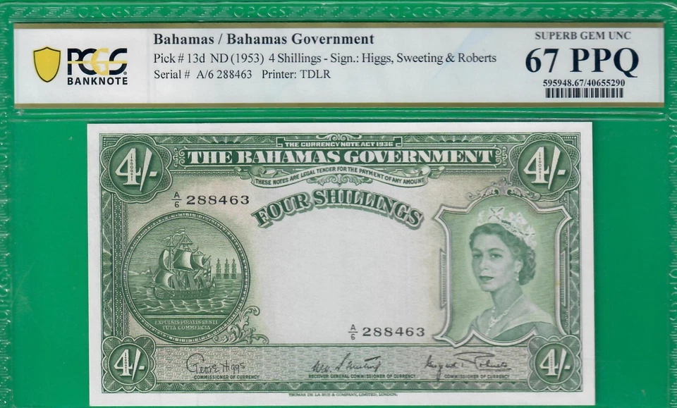 Bahamas 4 shillings ND(1953), P13d, highest grade sold@ebay Superb Gem *67* PPQ! - Image 1 of 2