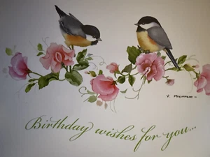 "Deseos de cumpleaños para ti" - dos pájaros en flores rosas - Aprox 4,75" X 6,75" - Imagen 1 de 5