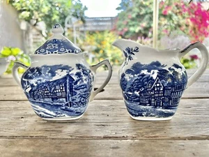 Grindley English Country Inns Blue Flow Creamer & Sugar Bowl w/Lid 1890’s - Picture 1 of 9