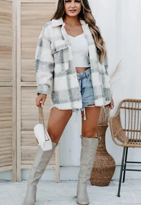 Plaid Beige & Gray Sherpa OVERSIZED Shacket Shirt Jacket W/Pockets M - Picture 1 of 6