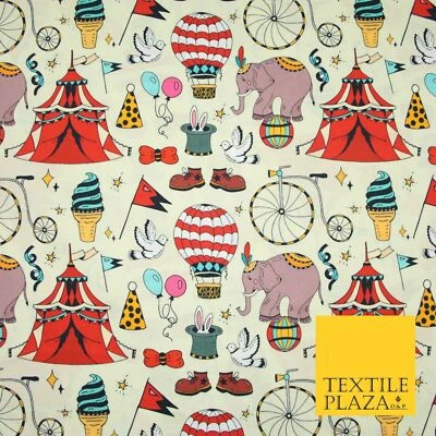 TEXTILE PLAZA Cream Circus Show Fun Elephant Hot Air Balloon Printed 100% Cotton Fabric 7363