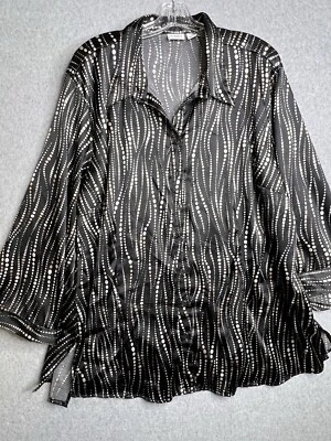 CATO Top 26/28 Blouse Black Tan Dot Button Up Satin Feel Long Sleeve Collared - Image 1 of 4