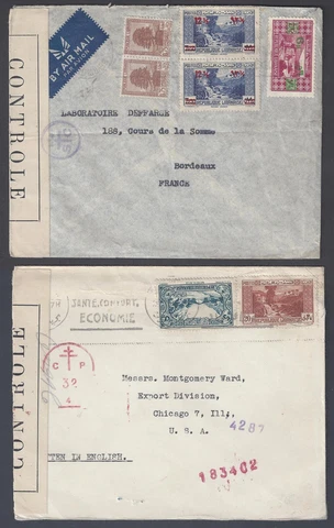 LEBANON 1940s TWO WAR TIME CENSORED COVERS TO FRANCE & US Cover