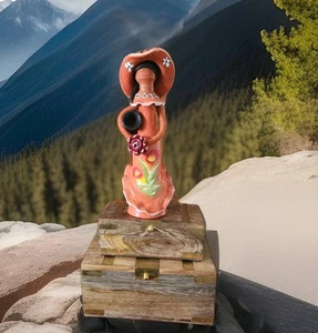 Dominican Handmade Faceless Doll Clay Statue  orange Dress w/ Floral Motif, 11.5 - Picture 1 of 10