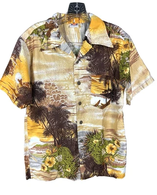Sun-Dek Hawaiian Shirt Men's Medium tropical Button Up Brown Yellow Made In USA - Image 1 of 4