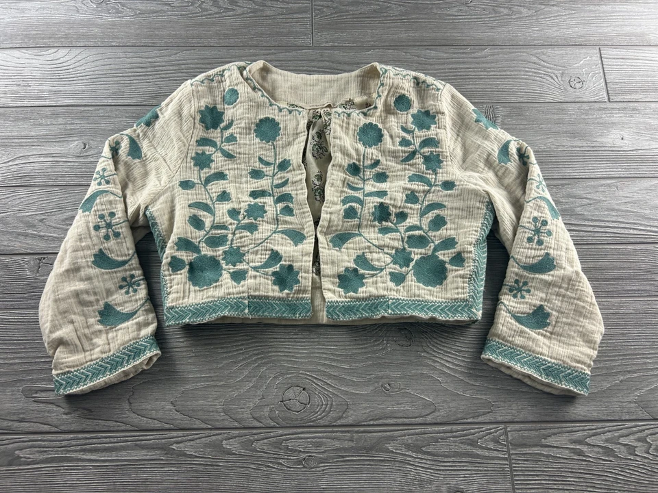 Soft Surroundings Jacket Womens Medium Ivory Blue Embroidered Floral Cropped - Image 1 of 4