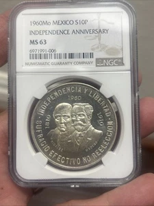 1960 Mo Mexico Independence Anniversary .900 Silver 10 Pesos NGC MS-63 Semi PL - Picture 1 of 4