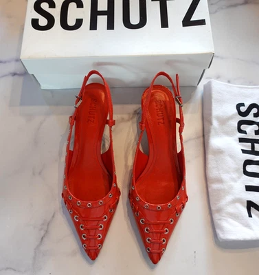 Schutz Womens Ruth Mid Pump Size 8 Red Patent Slingback Kitten Heel Pointed Toe - Image 1 of 4