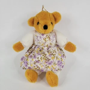 Vtg Orange Teddy Bear Plush Stuffed Green Purple Floral Dress Bloomers Ornament - Picture 1 of 15