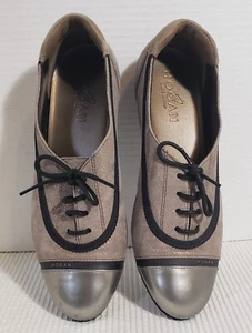 Hogan Designer Suede Shoes W Sz 36.5 /6 US Tan Blk Piping Silver-Toe Made/Italy - Picture 1 of 10