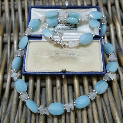 QVC 925 Sterling Silver Necklace Natural Aquamarine & Moonstone Adjustable Chain - Image 1 of 4