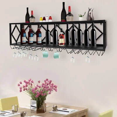 Wall-Mounted Inverted Wine Glass Rack Bar Unit Floating Shelves Bottle Holder - Image 1 of 4