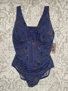 Lands' End Checkered Floral Draped Wide Strap One Piece Swimsuit Blue White 18W - Picture 1 of 9
