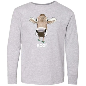 Inktastic Moo! Cute Brown Holstein Cow Youth Long Sleeve T-Shirt Animals Bull - Picture 1 of 5
