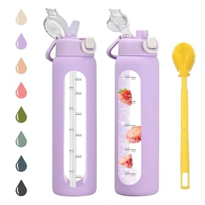 32 oz Glass Water Bottle with 2 Lids-Handle Spout Lid & Straw 32 Ounces Purple - Image 1 of 4