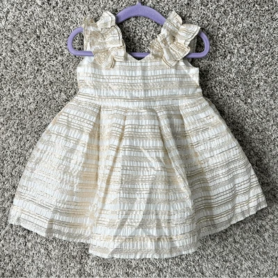 Vestido Janie and Jack Bebé Niñas 6-12M Blanco/Rosa/Dorado Rayas Manga Volantes Nuevo con Etiquetas Foto 1 de 4