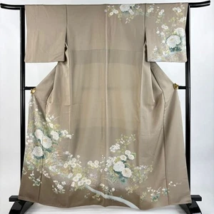 Woman Japanese Kimono Houmongi Silk Bird Chrysanthemum Gold Silver Foil Beige - Picture 1 of 9