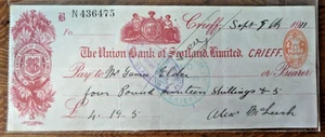 Gebrauchter Scheck Crieff Filiale der Union Bank of Scotland 9. September 1911 - Bild 1 von 2