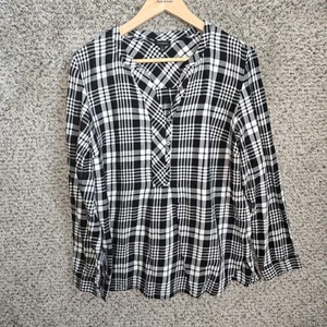 Talbots Top Womens Large Black Plaid V Neck Popover Blouse Long Sleeve Ladies - Picture 1 of 7