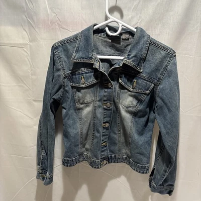 xhiliration Jean Jacket Womens Medium Long Sleeve Denim Blue Distressed Grunge - Изображение 1 из 4