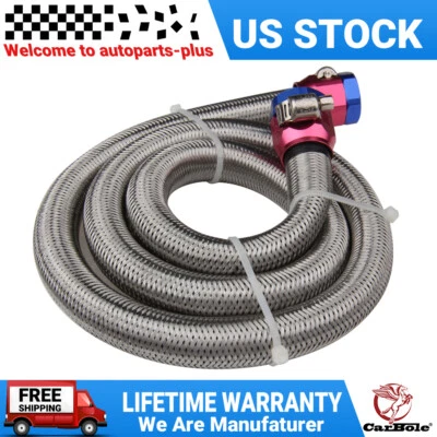 3Ft 6AN 3/8” Fuel Line Hose Braided Stainless Steel W/2 AN6 Hose  Clamps - Image 1 of 4