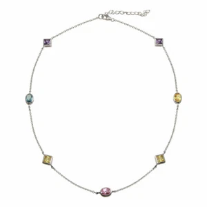 Argento Sterling Ovale & Forma Quadrata Arcobaleno Colore Zirconi Pietre Collana - Foto 1 di 3