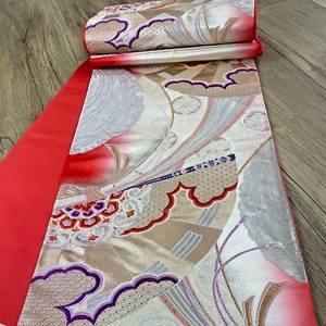 Vintage japanischer schöner Kimono Fukuro Obi Seide Japa Stil Muster rot silber - Bild 1 von 9