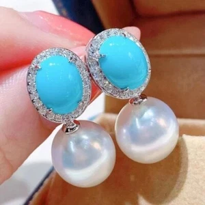Simulated Turquoise And Shell Pearl Unique Women's Earring Silver 925 - Picture 1 of 3