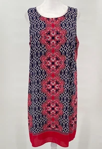 Rose & Olive Dress Sz 12 Blue Pink Morrocan Sleeveless Shift Keyhole Back Retro - Picture 1 of 13