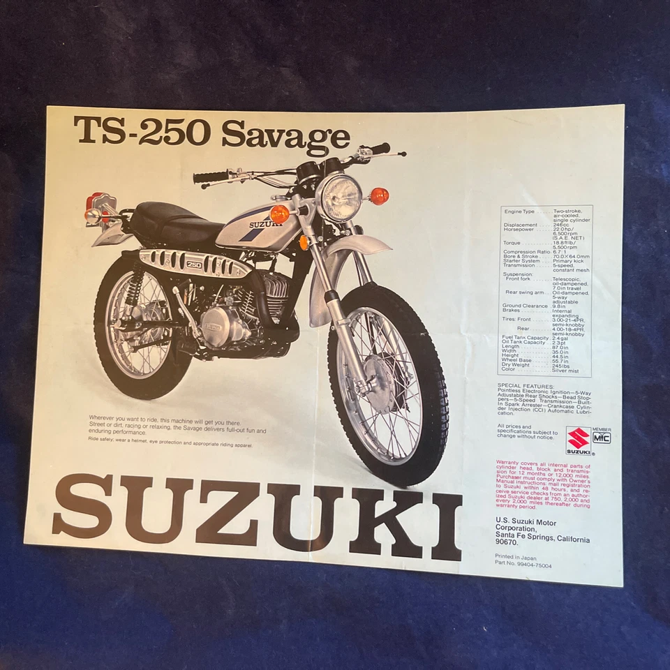 SUZUKI TS 250 ESPECIFICACIONES DE VENTAS ANUNCIO/FOLLETO TS250 Savage Print Foto 1 de 1