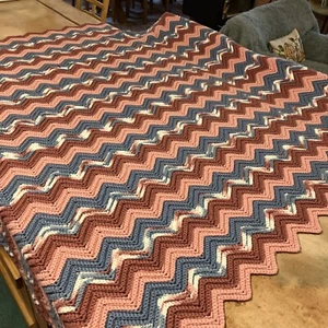 Vintage Handmade Crocheted Afghan Throw Light Pink Mauve White Blue 63” X 54” - Picture 1 of 9