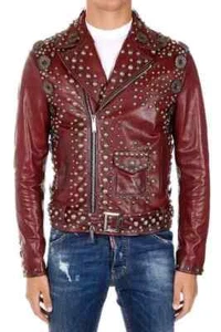 Maroon Punk Metal Studded Jacket Rock Brando Style Motorcycle Leather Jacket - Picture 1 of 4